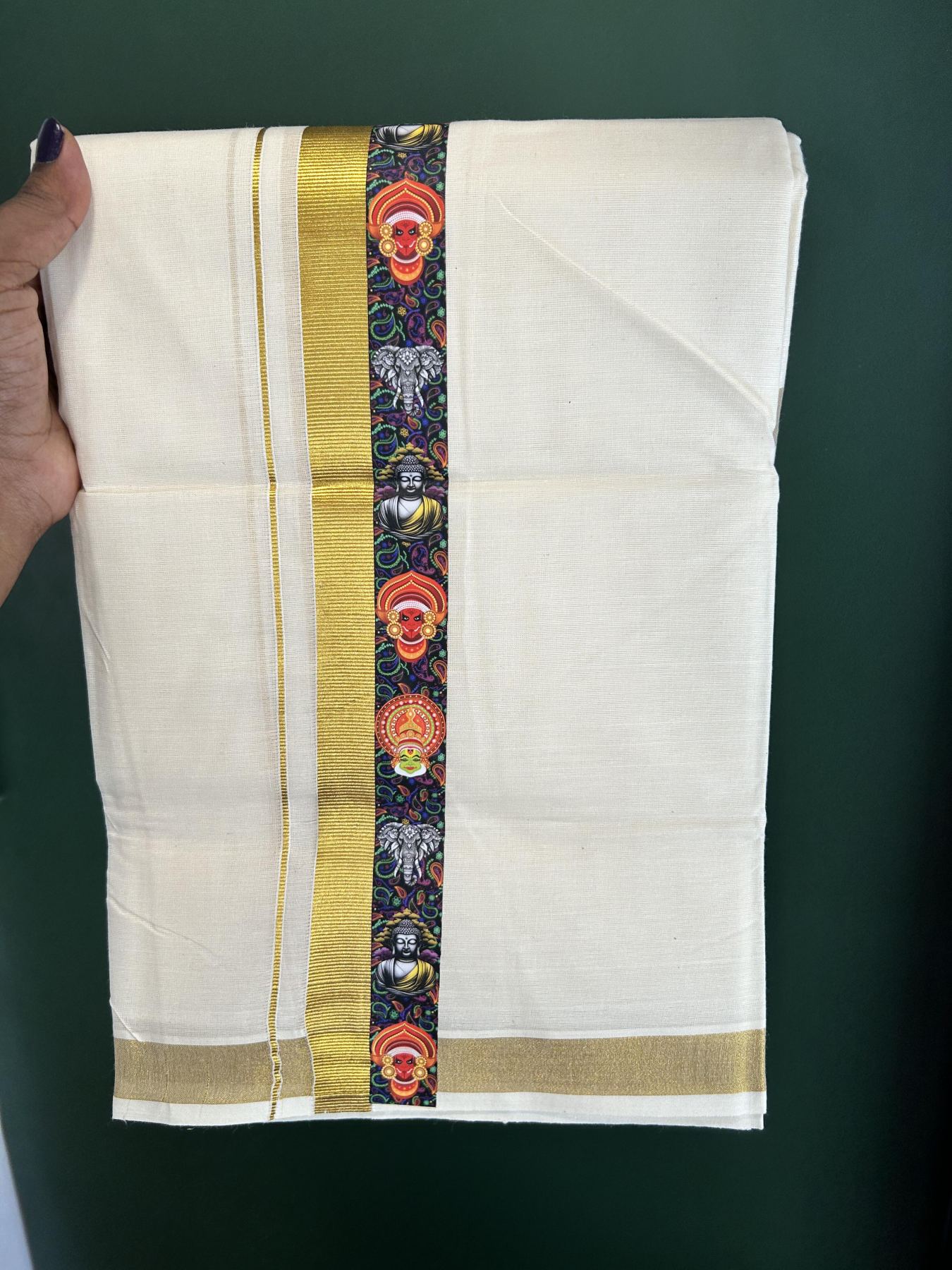 Double Off White - (Unbleached) Mundu/Dhoti- 20% Discount!! KaithariKada Balaramapuram 100% Cotton (60s) - 1 inch Gold Kasav & Kerala Traditional Design Printed Kara - 20 KK5415 GAN
