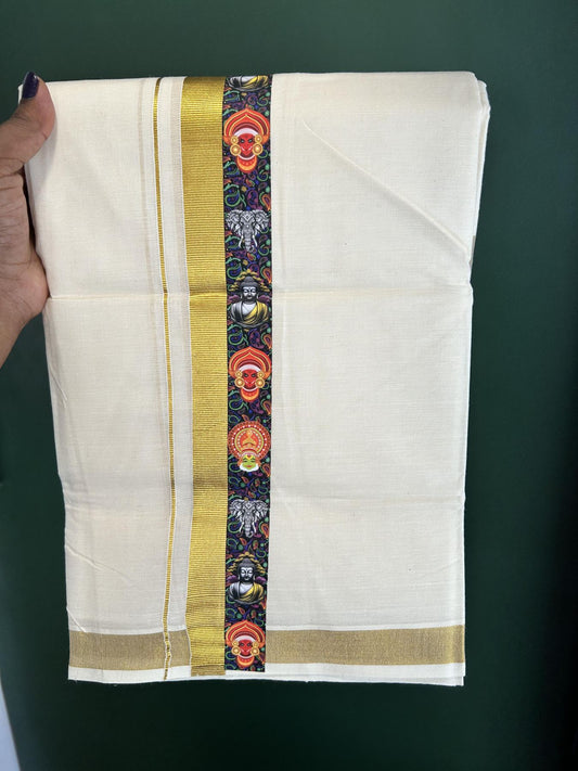 Double Off White - (Unbleached) Mundu/Dhoti- 20% Discount!! KaithariKada Balaramapuram 100% Cotton (60s) - 1 inch Gold Kasav & Kerala Traditional Design Printed Kara - 20 KK5415 GAN