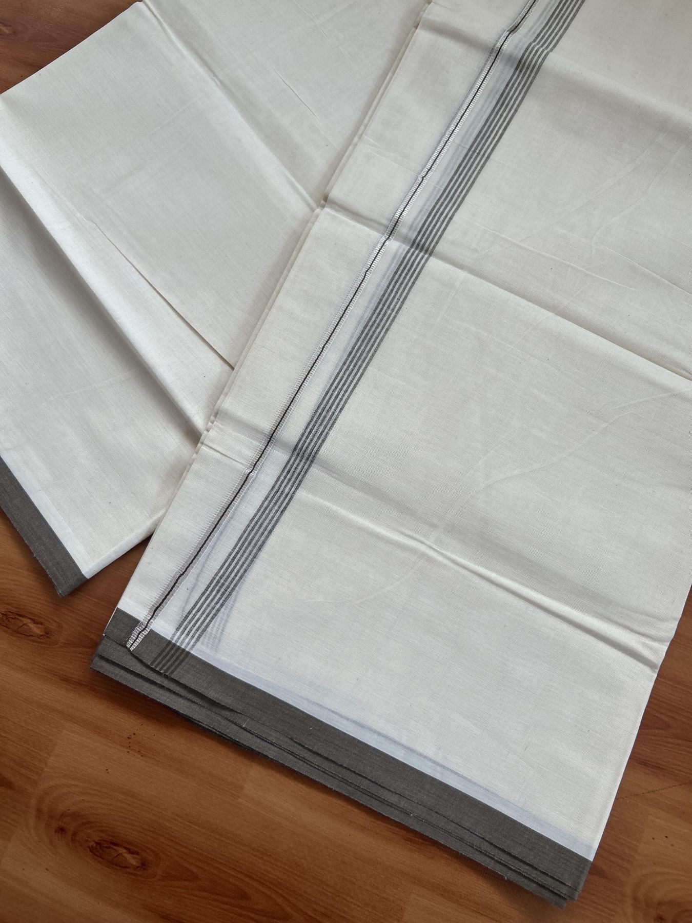 20% Discount ! KaithariKada Balaramapuram 100% Cotton Double Off White - (Unbleached) - Mundu / Dhoti- 100x80 -  0.5 inch Silver Kasav & Walnut Brown Shaded Striped Kara 4 mtr (8.5 Muzham) - 65 KK5382 VIN