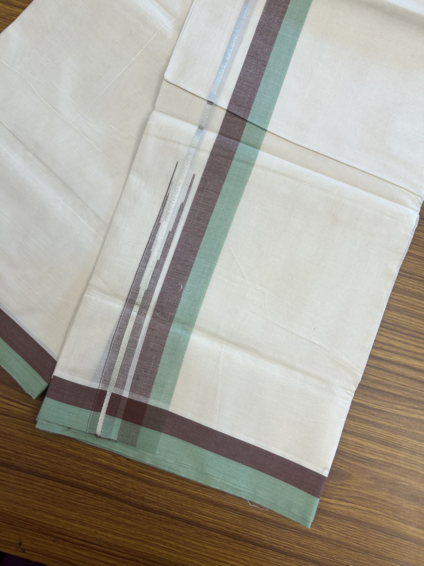 20% Discount ! Kaitharikada Balaramapuram 100% Pure Cotton Double Off white (Unbleached) Mundu/Dhoti - 100x80 - 1.5 inch Silver Kasav Brown & Light Green Shaded Stripes Chutty Kara 3.90 mtr (8 muzham) - 41 KK5313 PMC
