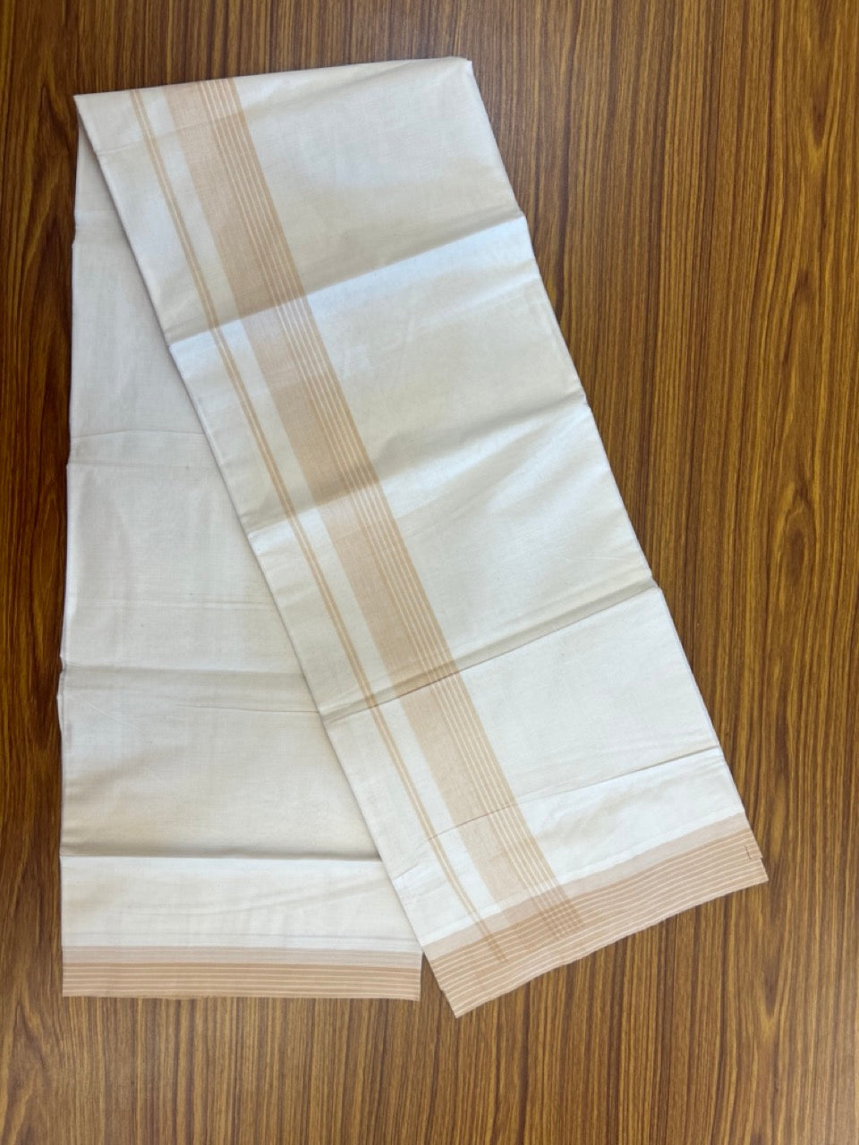20% Discount ! KaithariKada Balaramapuram 100% Cotton Double OFF WHITE - (Unbleached) - Mundu / Dhoti- 100x80 -  1.5 inch Sand Brown shaded striped kara - 3 KK5280 VIN