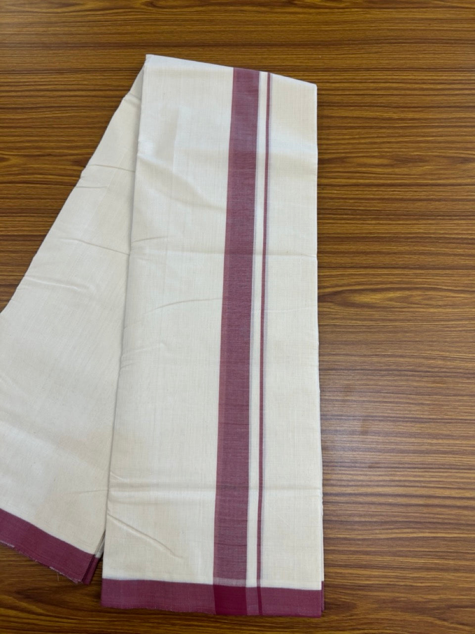 25% Discount! KaithariKada Handloom Millpaav Balaramapuram - Cotton Double Mundu/Dhoti Off white (Unbleached) - 80x90 - 1.25 inch Light Maroon Mulloth Kara 3.60 meter (8 Muzham) - 42 KK5256 RAM