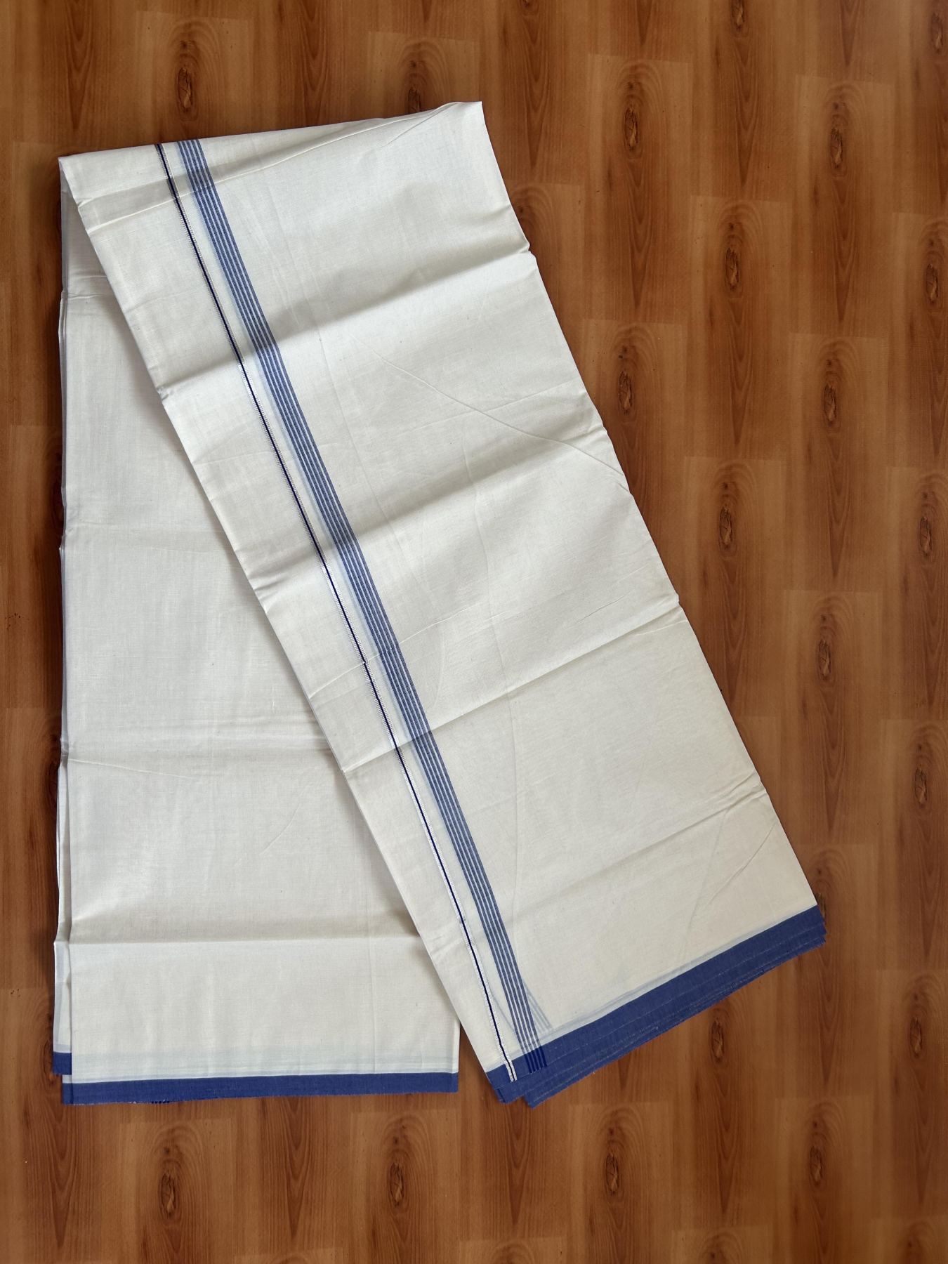 20% Discount ! KaithariKada Balaramapuram 100% Cotton Double Off White - (Unbleached) - Mundu / Dhoti- 100x80 -  0.5 inch Silver Kasav & Blue Shaded Striped Kara 4 mtr (8.5 Muzham) - 64 KK5382 VIN