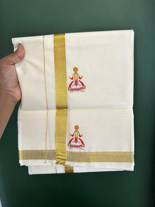 Double Off White - (Unbleached) Mundu/Dhoti- 20% Discount!! KaithariKada Balaramapuram 100% Cotton (60s) - 1 inch Gold Kasav & Kadhakali Printed Kara - 21 KK5415 GAN