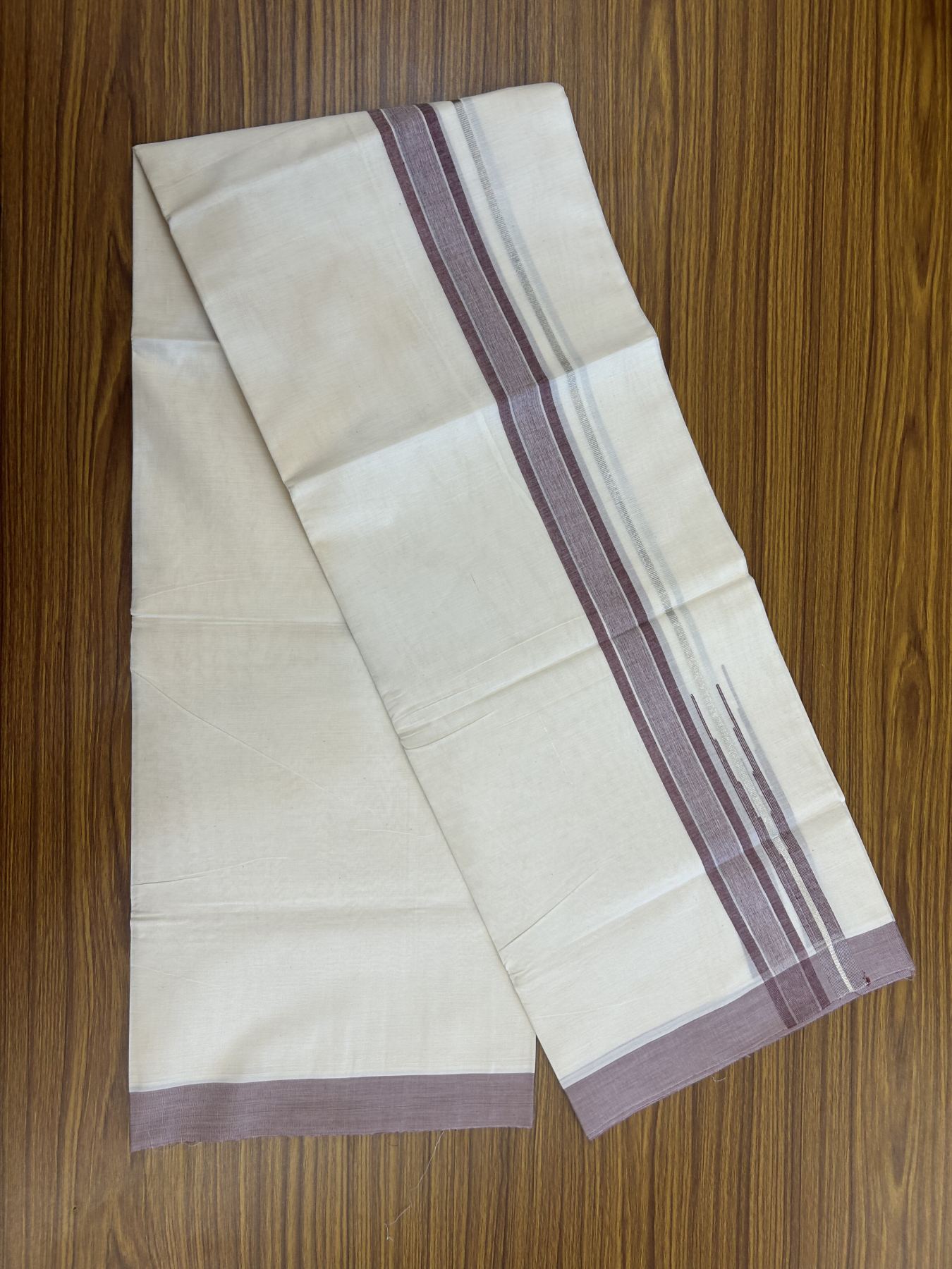 20% Discount ! Kaitharikada Balaramapuram 100% Pure Cotton Double Off white (Unbleached) Mundu/Dhoti - 100x80 - 1.5 inch Silver Kasav Maroon Shaded Stripes Chutty Kara 3.90 mtr (8 muzham) - 42 KK5313 PMC