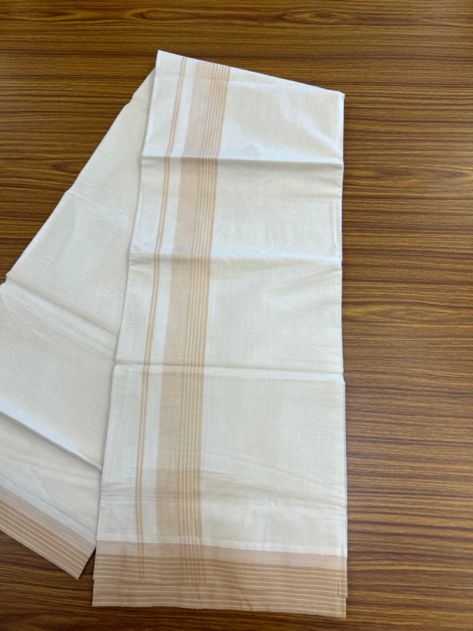 20% Discount ! KaithariKada Balaramapuram 100% Cotton Double OFF WHITE - (Unbleached) - Mundu / Dhoti- 100x80 -  1.5 inch Sand Brown shaded striped kara - 3 KK5280 VIN