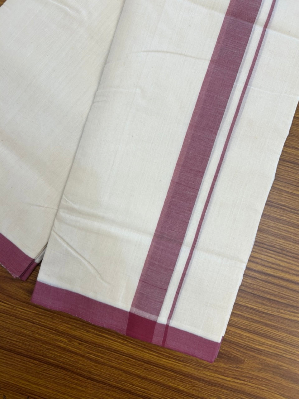 25% Discount! KaithariKada Handloom Millpaav Balaramapuram - Cotton Double Mundu/Dhoti Off white (Unbleached) - 80x90 - 1.25 inch Light Maroon Mulloth Kara 3.60 meter (8 Muzham) - 42 KK5256 RAM