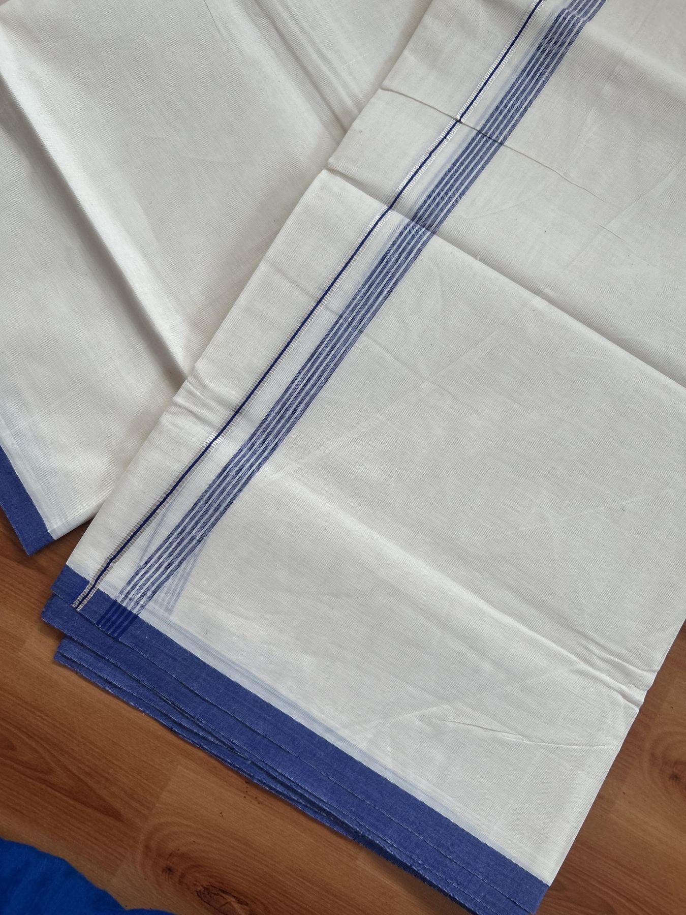 20% Discount ! KaithariKada Balaramapuram 100% Cotton Double Off White - (Unbleached) - Mundu / Dhoti- 100x80 -  0.5 inch Silver Kasav & Blue Shaded Striped Kara 4 mtr (8.5 Muzham) - 64 KK5382 VIN