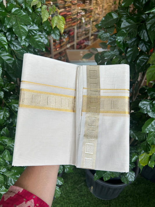 25% Discount ! KaithariKada Handloom Unakkupaav Kerala Handloom - 100% Pure Cotton Off White (Unbleached) Double Mundu/Dhoti - 100x80 - 1.5 Inch Gold kasav & Silver Kasav Design Jaquard Kara 4 mtr (8.5 muzham) - 9 KK5370 ABH