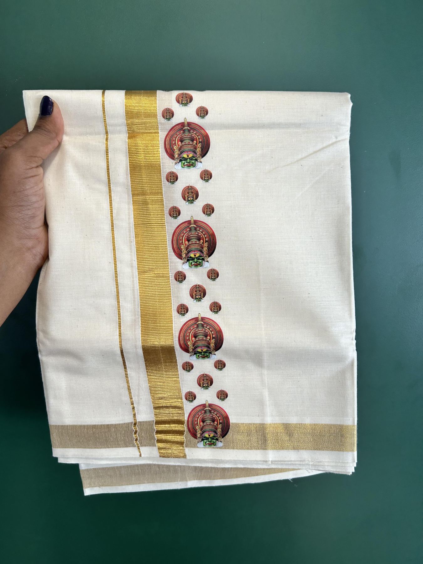 Double Off White - (Unbleached) Mundu/Dhoti- 20% Discount!! KaithariKada Balaramapuram 100% Cotton (60s) - 2 inch Gold Kasav & Kadhakali Printed Kara - 15 KK5415 GAN