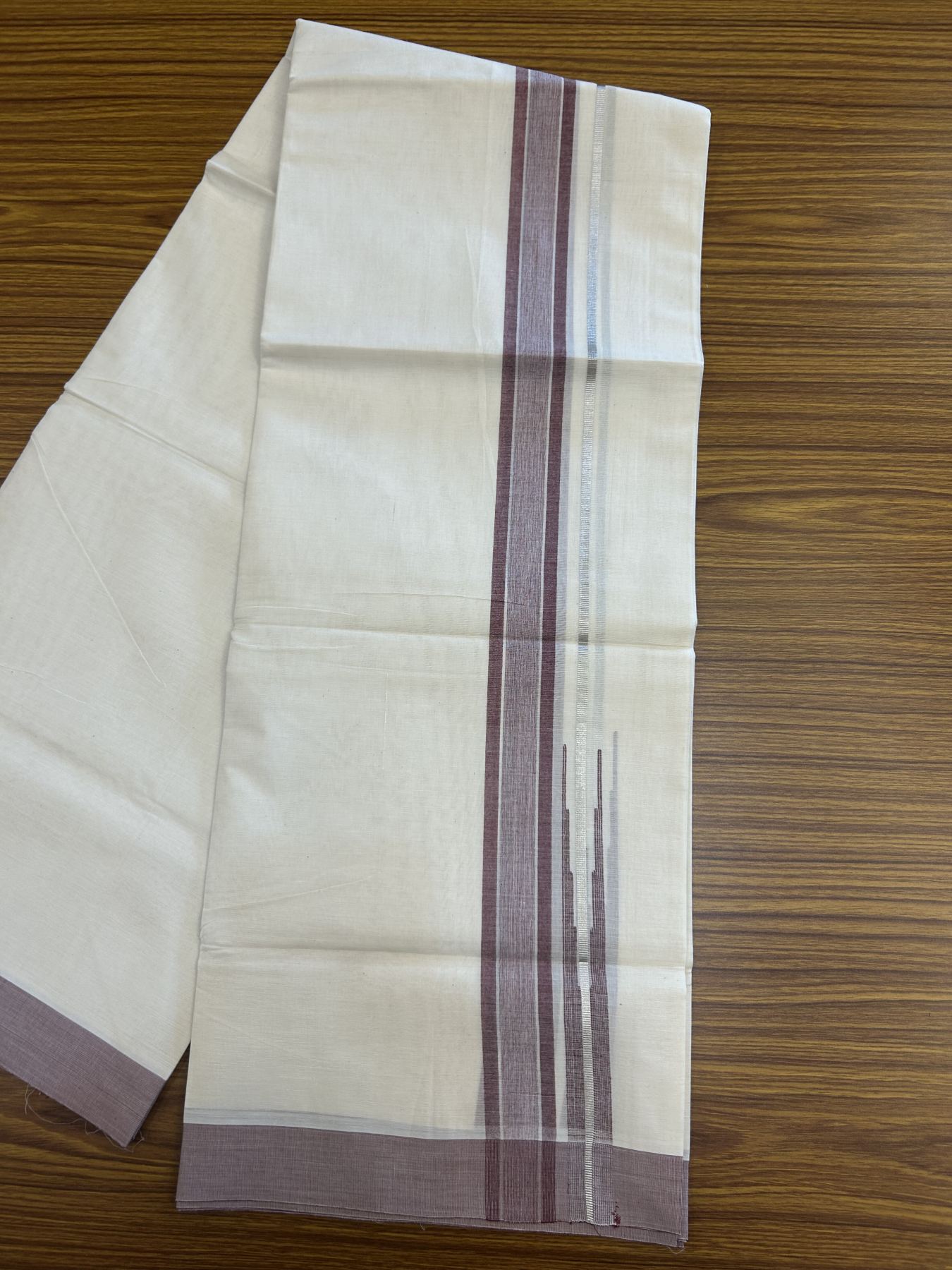 20% Discount ! Kaitharikada Balaramapuram 100% Pure Cotton Double Off white (Unbleached) Mundu/Dhoti - 100x80 - 1.5 inch Silver Kasav Maroon Shaded Stripes Chutty Kara 3.90 mtr (8 muzham) - 42 KK5313 PMC