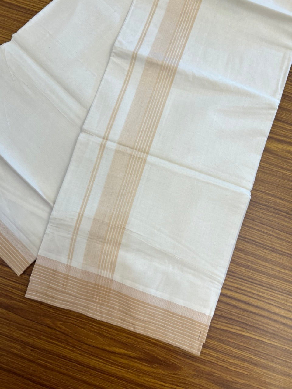 20% Discount ! KaithariKada Balaramapuram 100% Cotton Double OFF WHITE - (Unbleached) - Mundu / Dhoti- 100x80 -  1.5 inch Sand Brown shaded striped kara - 3 KK5280 VIN