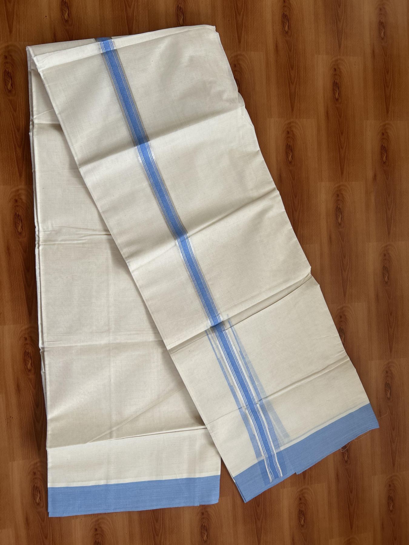 20% Discount ! KaithariKada Balaramapuram 100% Cotton Double Off White - (Unbleached) - Mundu / Dhoti- 100x80 - 1.25 Inch Silver Kasav & Light Blue Puliyilakkara chutty - 68 KK5382 VIN