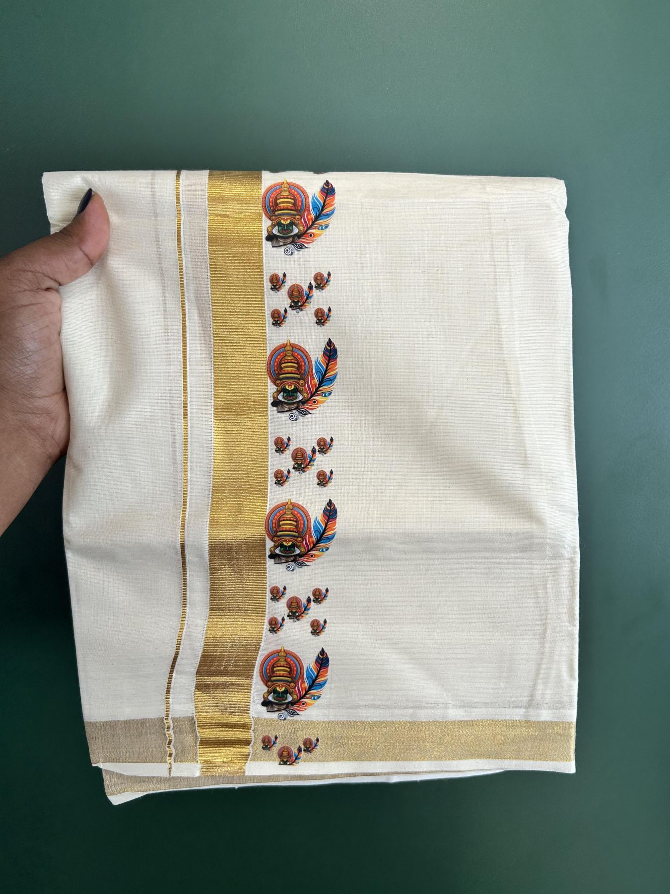 Double Off White - (Unbleached) Mundu/Dhoti- 20% Discount!! KaithariKada Balaramapuram 100% Cotton (60s) - 1 inch Gold Kasav & Kadhakali & Feather Printed Kara - 19 KK5415 GAN