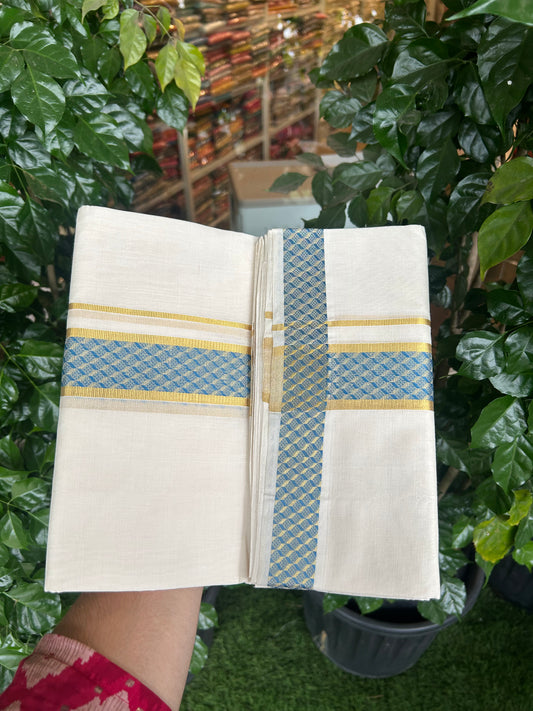 25% Discount ! KaithariKada Handloom Unakkupaav Kerala Handloom - 100% Pure Cotton Off White (Unbleached) Double Mundu/Dhoti - 100x80 - 1.5 Inch Gold kasav & Dark Sky Blue Design Jaquard Kara 4 mtr (8.5 muzham) - 8 KK5370 ABH