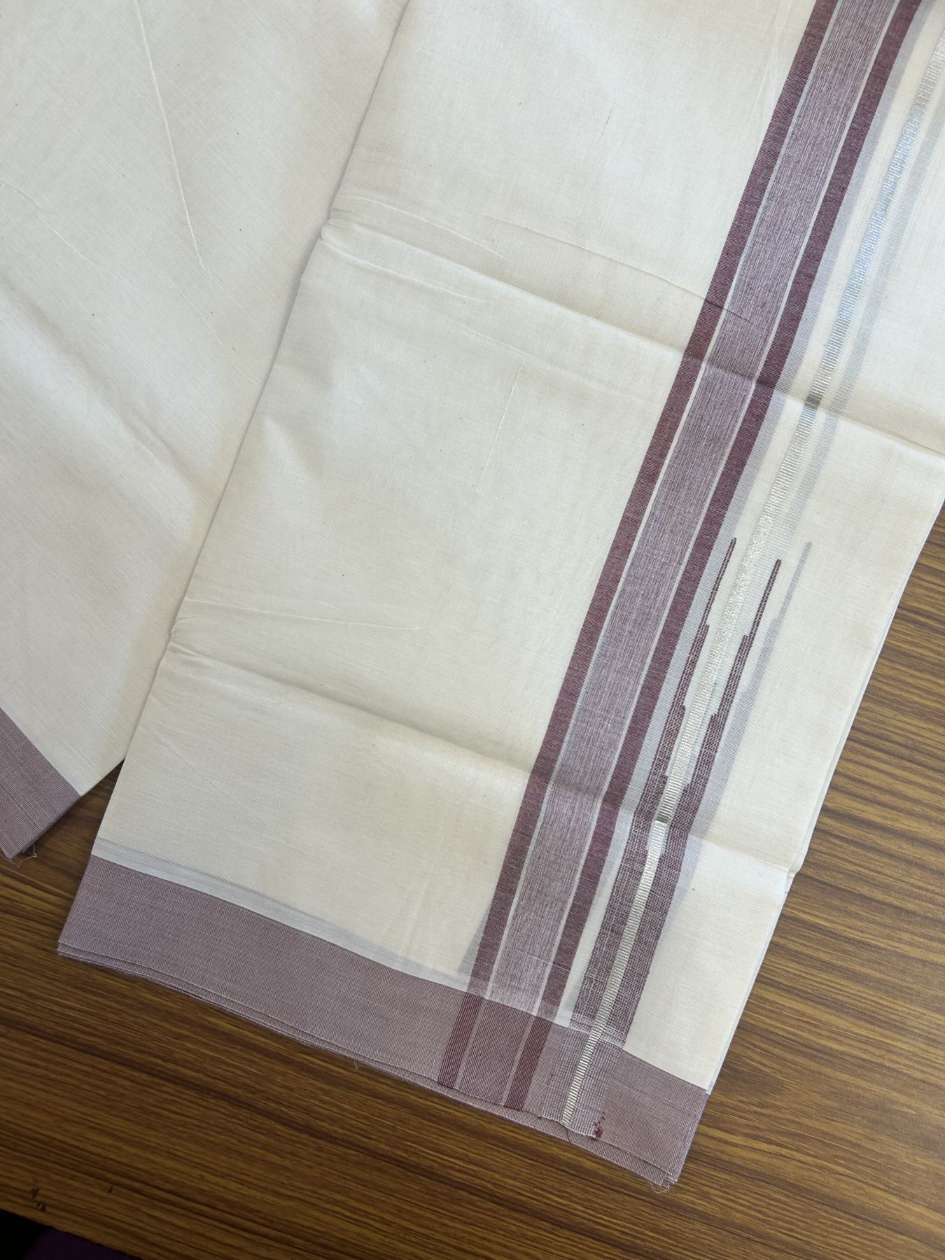 20% Discount ! Kaitharikada Balaramapuram 100% Pure Cotton Double Off white (Unbleached) Mundu/Dhoti - 100x80 - 1.5 inch Silver Kasav Maroon Shaded Stripes Chutty Kara 3.90 mtr (8 muzham) - 42 KK5313 PMC