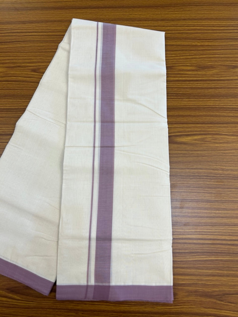 25% Discount! KaithariKada Handloom Millpaav Balaramapuram - Cotton Double Mundu/Dhoti Off white (Unbleached) - 80x90 - 1.25 inch Dusty Lavender Mulloth Kara 3.60 meter (8 Muzham) - 50 KK5256 RAM