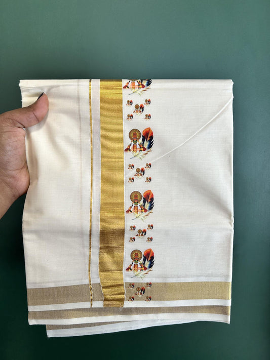 Double Off White - (Unbleached) Mundu/Dhoti- 20% Discount!! KaithariKada Balaramapuram 100% Cotton (60s) - 1 inch Gold Kasav & Kadhakali & Feather Printed Kara - 18 KK5415 GAN