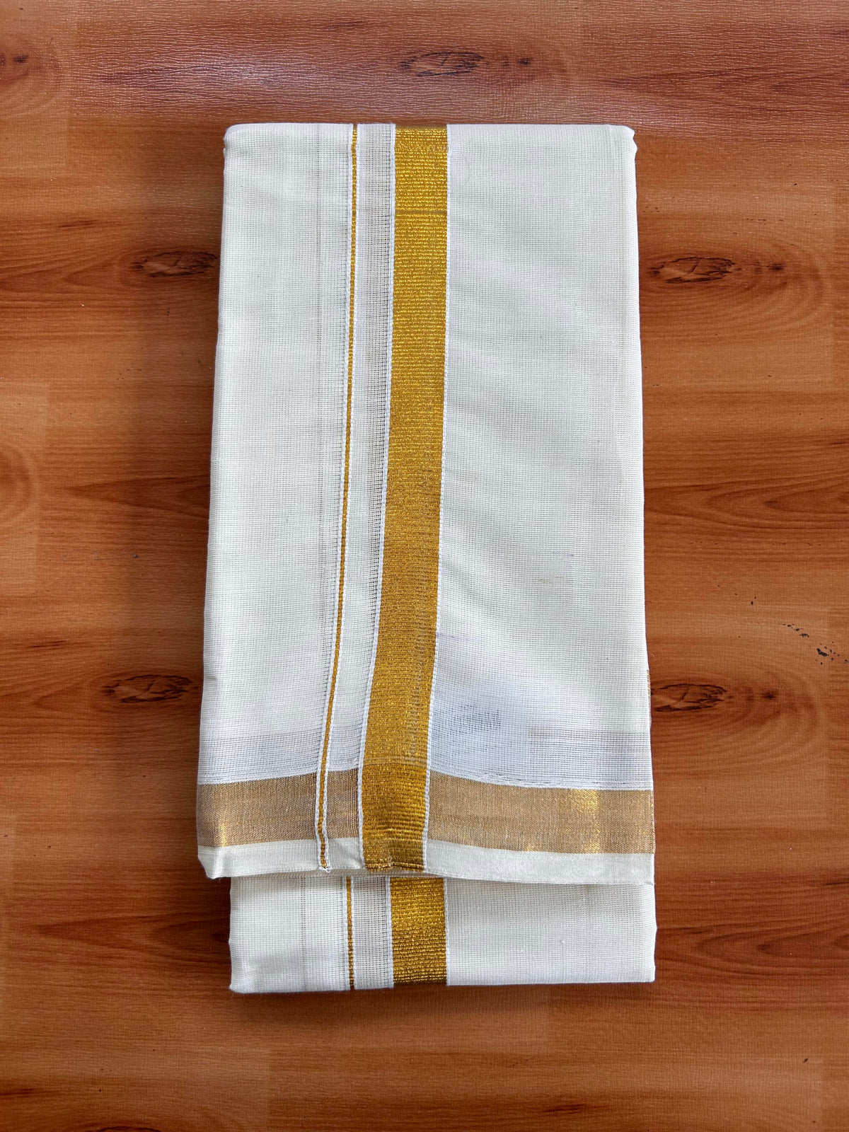 Neriyath Off White  (Unbleached) - KaithariKada -  60s Mixed Cotton - 0.75 Inch Gold Kasavu Kara - 1.70 mtr (3.64 muzham)- 2 KK5536 PMC