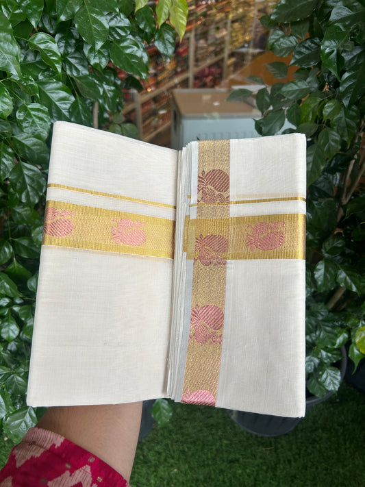 25% Discount ! KaithariKada Handloom Unakkupaav Kerala Handloom - 100% Pure Cotton Off White (Unbleached) Double Mundu/Dhoti - 100x80 - 1.5 Inch Gold kasav & Rose Gold Peacock Jaquard Design Kara 4 mtr (8.5 muzham) - 6 KK5370 ABH
