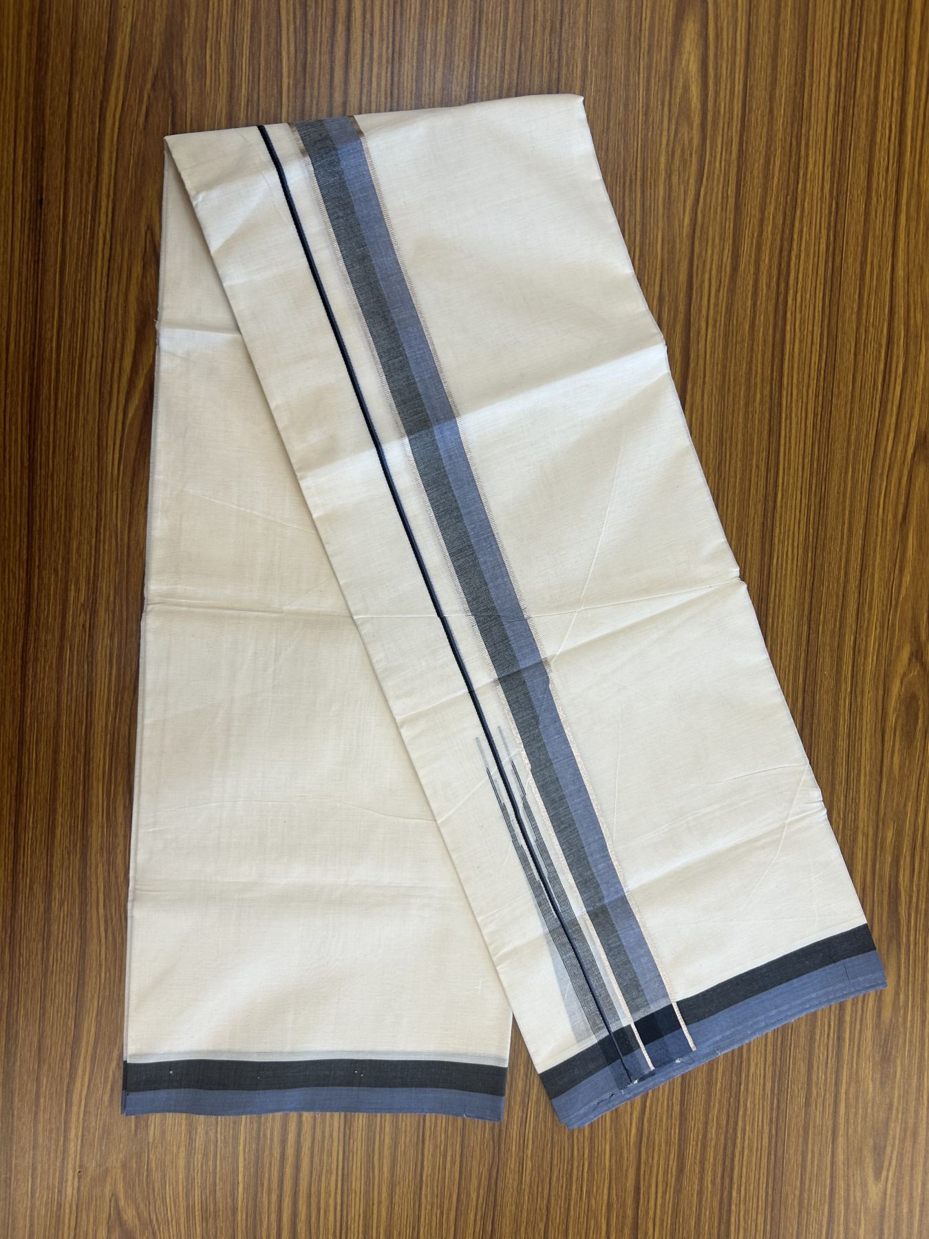 20% Discount ! Kaitharikada Balaramapuram 100% Pure Cotton Double Off white (Unbleached) Mundu/Dhoti - 100x80 - 1.5 inch Silver Kasav Black & Ash Blue Shaded Stripes Chutty Kara 3.90 mtr (8 muzham) - 43 KK5313 PMC