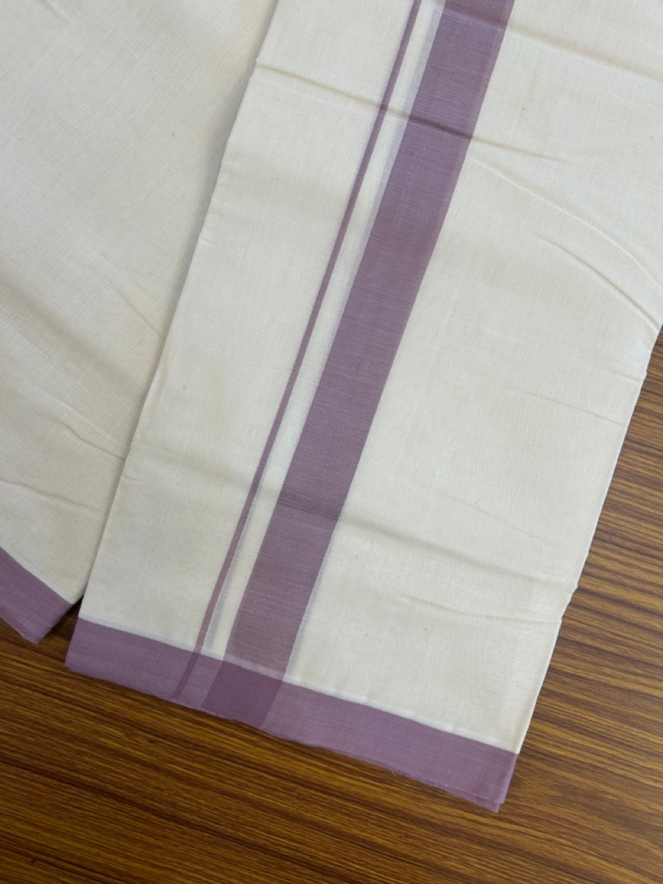 25% Discount! KaithariKada Handloom Millpaav Balaramapuram - Cotton Double Mundu/Dhoti Off white (Unbleached) - 80x90 - 1.25 inch Dusty Lavender Mulloth Kara 3.60 meter (8 Muzham) - 50 KK5256 RAM