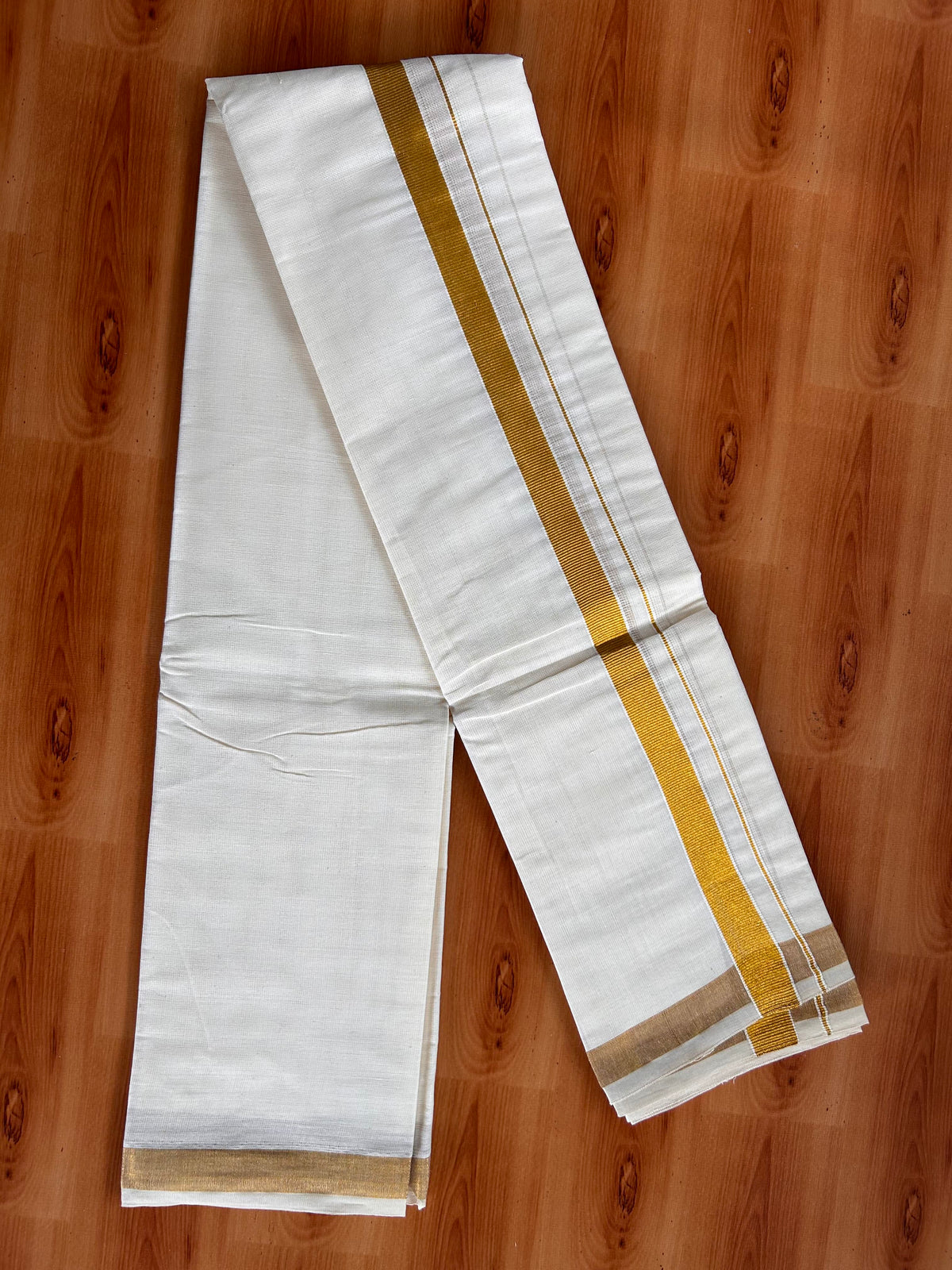Neriyath Off White  (Unbleached) - KaithariKada -  60s Mixed Cotton - 0.75 Inch Gold Kasavu Kara - 1.70 mtr (3.64 muzham)- 2 KK5536 PMC
