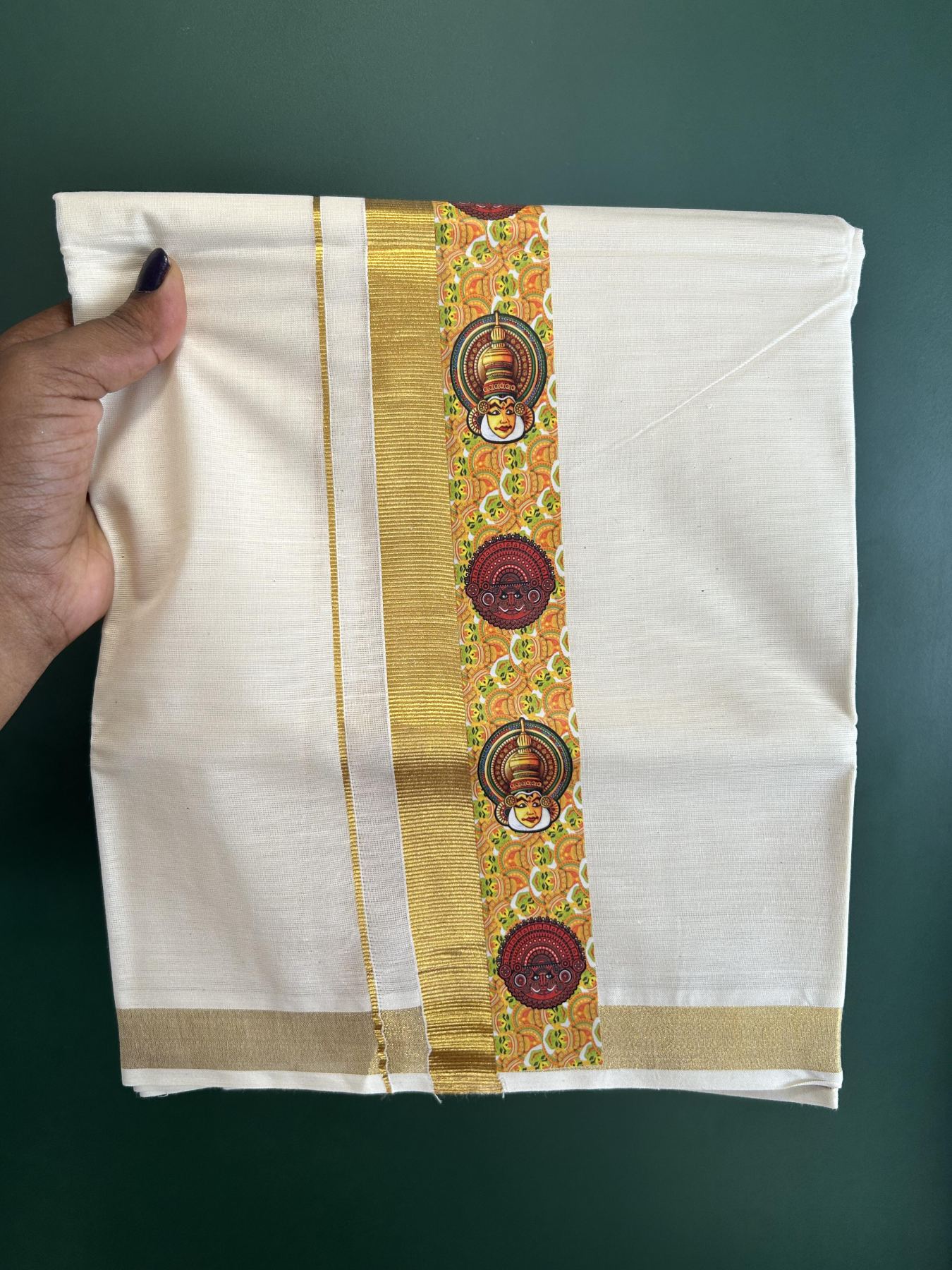 Double Off White - (Unbleached) Mundu/Dhoti- 20% Discount!! KaithariKada Balaramapuram 100% Cotton (60s) - 2 inch Gold Kasav & Kadhakali & Theyyam Printed Kara - 17 KK5415 GAN