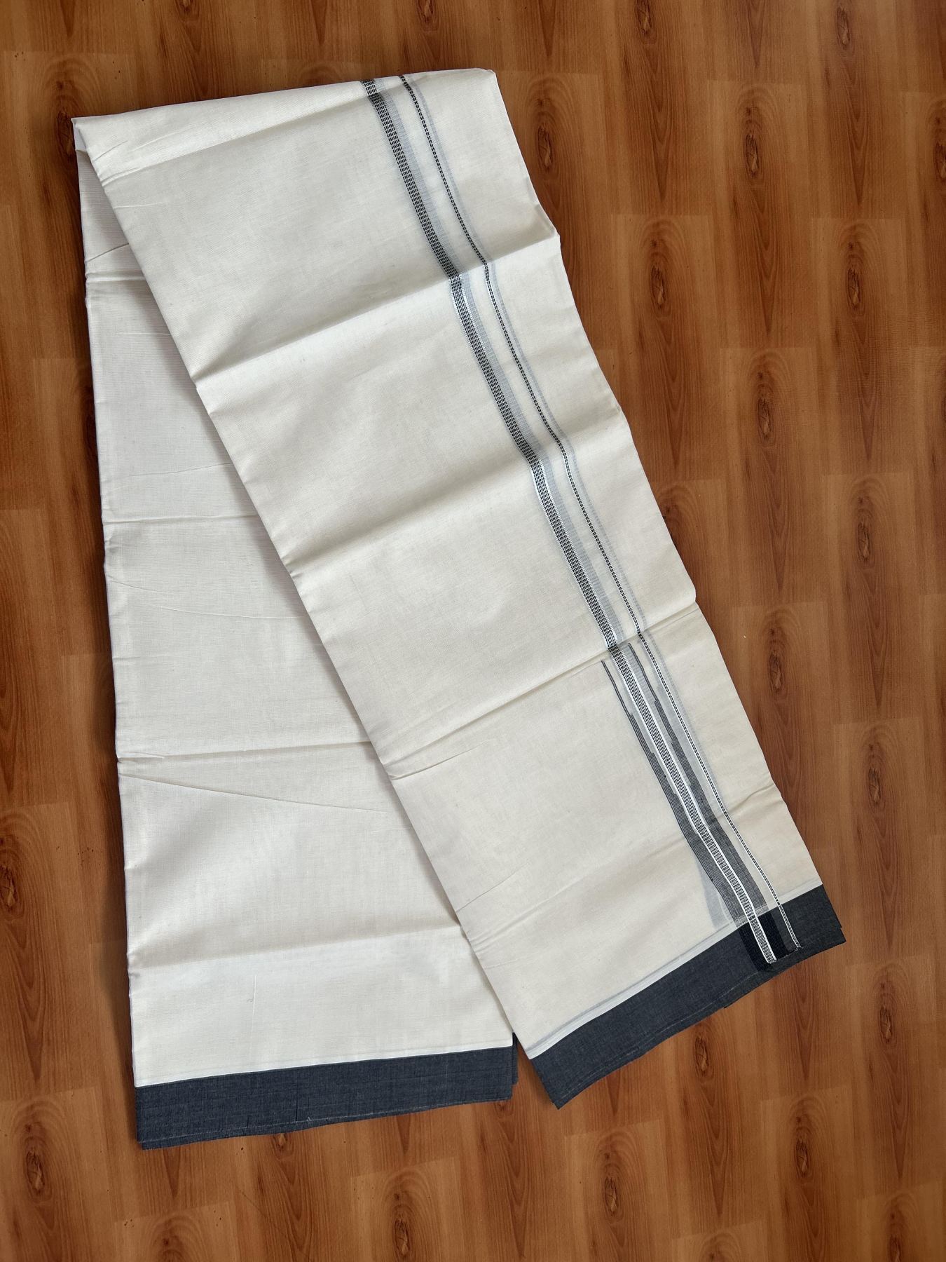 20% Discount ! KaithariKada Balaramapuram 100% Cotton Double Off White - (Unbleached) - Mundu / Dhoti- 100x80 - 1.25 Inch Silver Kasav & Black Puliyilakkara chutty -78 KK5382 VIN