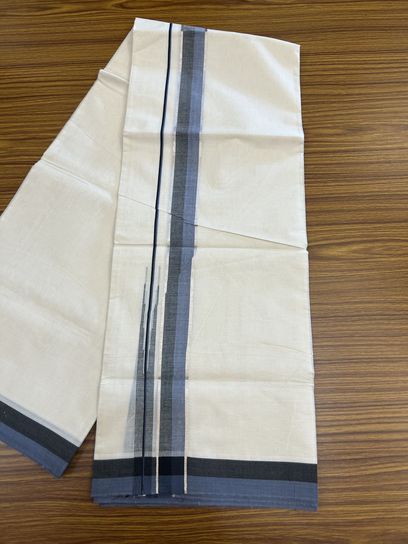 20% Discount ! Kaitharikada Balaramapuram 100% Pure Cotton Double Off white (Unbleached) Mundu/Dhoti - 100x80 - 1.5 inch Silver Kasav Black & Ash Blue Shaded Stripes Chutty Kara 3.90 mtr (8 muzham) - 43 KK5313 PMC