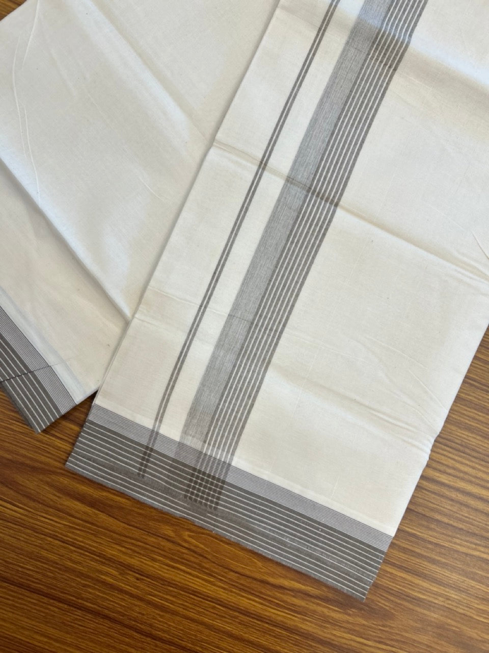 20% Discount ! KaithariKada Balaramapuram 100% Cotton Double OFF WHITE - (Unbleached) - Mundu / Dhoti- 100x80 -  1.5 inch Brown shaded striped kara - 4 KK5280 VIN