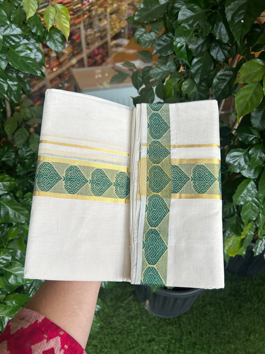 25% Discount ! KaithariKada Handloom Unakkupaav Kerala Handloom - 100% Pure Cotton Off White (Unbleached) Double Mundu/Dhoti - 100x80 - 1.5 Inch Gold kasav & Dark Green Leaf Design Jaquard Kara 4 mtr (8.5 muzham) - 7 KK5370 ABH