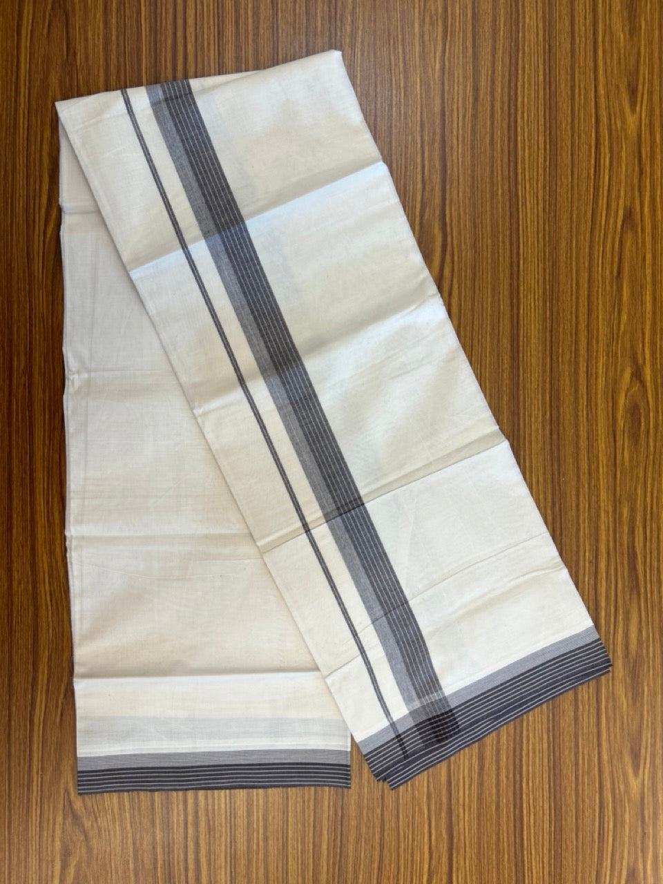 20% Discount ! KaithariKada Balaramapuram 100% Cotton Double OFF WHITE - (Unbleached) - Mundu / Dhoti- 100x80 -  1.5 inch Dark Brown shaded striped kara - 5 KK5280 VIN