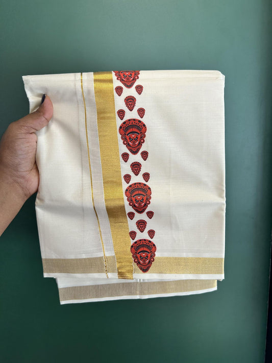 Double Off White - (Unbleached) Mundu/Dhoti- 20% Discount!! KaithariKada Balaramapuram 100% Cotton (60s) - 2 inch Gold Kasav & Theyyam Printed Kara - 14 KK5415 GAN