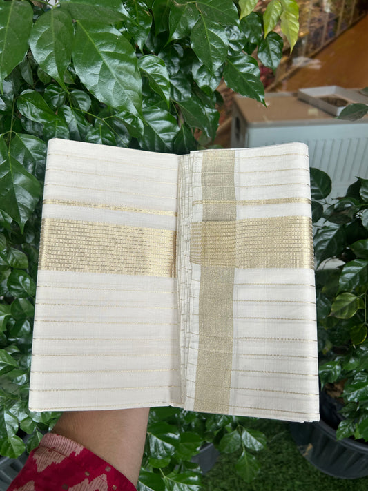 25% Discount ! KaithariKada Handloom Unakkupaav Kerala Handloom - 100% Pure Cotton Off White - (Unbleached) Double Mundu/Dhoti - 100x80 - 2 inch Gold Kasav Full Body Striped Kara 4 mtr (8.5 Muzham) - 11 KK5370 ABH