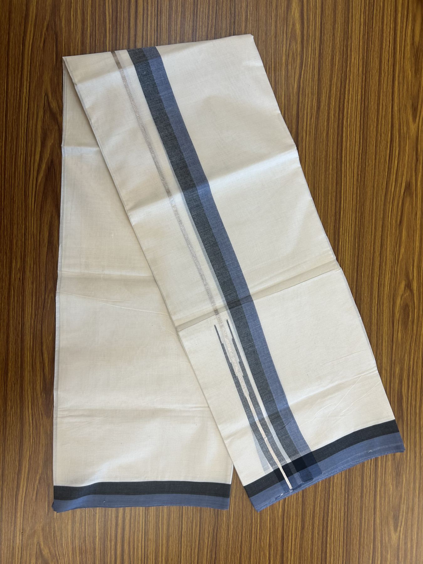 20% Discount ! Kaitharikada Balaramapuram 100% Pure Cotton Double Off white (Unbleached) Mundu/Dhoti - 100x80 - 1.5 inch Silver Kasav Black & Ash Blue Shaded Stripes Chutty Kara 3.90 mtr (8 muzham) - 44 KK5313 PMC