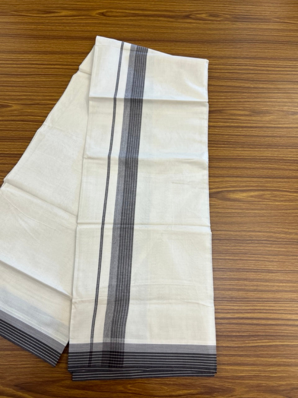 20% Discount ! KaithariKada Balaramapuram 100% Cotton Double OFF WHITE - (Unbleached) - Mundu / Dhoti- 100x80 -  1.5 inch Dark Brown shaded striped kara - 5 KK5280 VIN