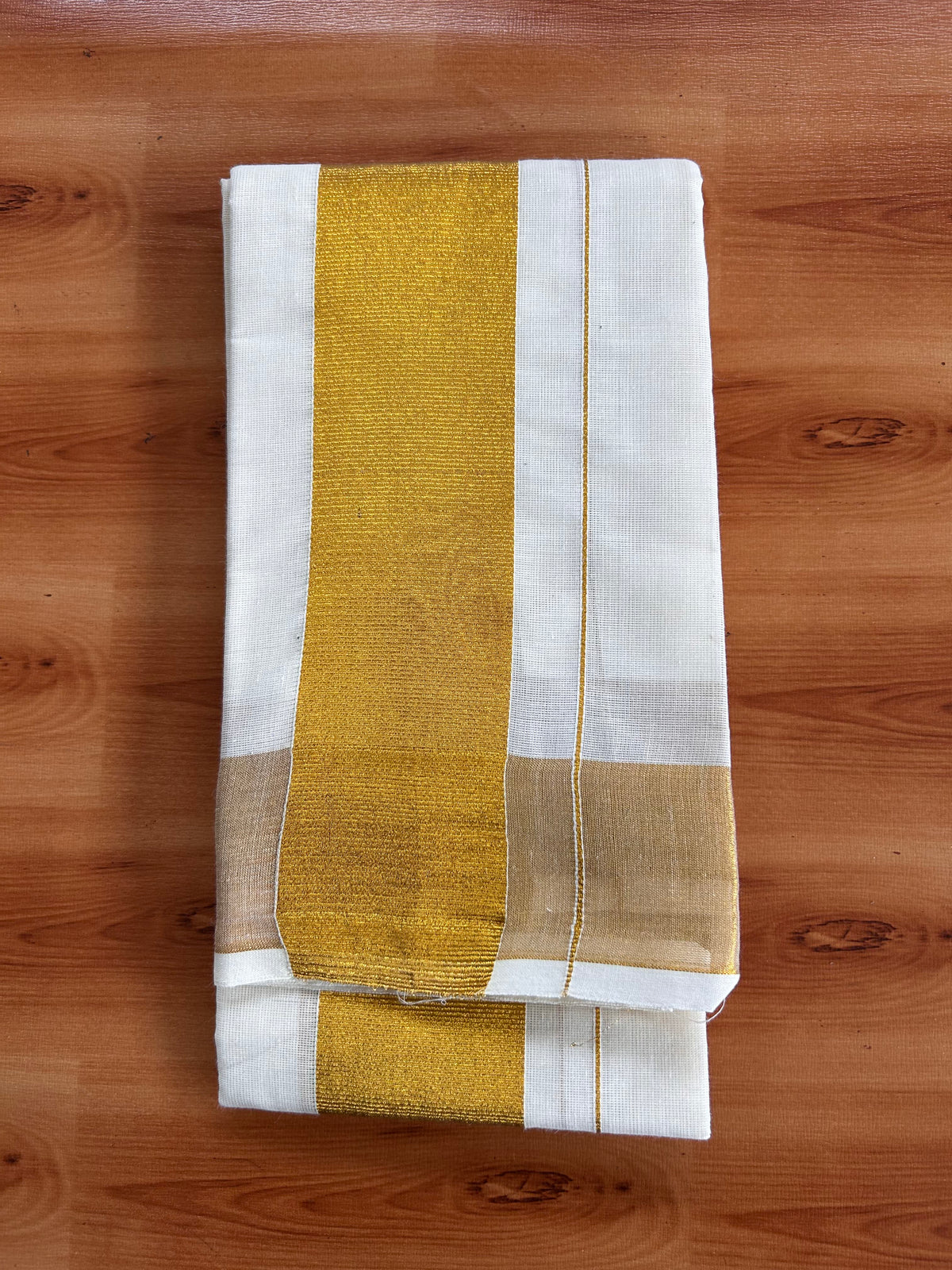 Neriyath Off White  (Unbleached) - KaithariKada -  60s Mixed Cotton - 2.25 Inch Gold Kasavu Kara - 1.70 mtr (3.64 muzham)- 7 KK5536 PMC