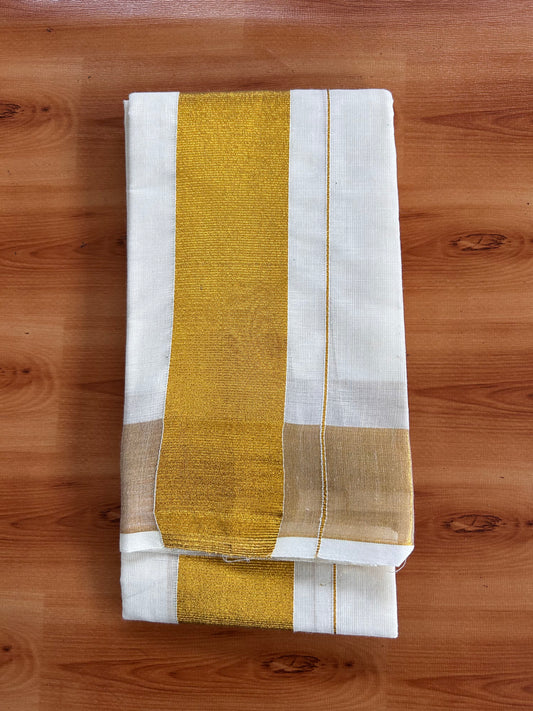 Neriyath Off White  (Unbleached) - KaithariKada -  60s Mixed Cotton - 2.25 Inch Gold Kasavu Kara - 1.70 mtr (3.64 muzham)- 7 KK5536 PMC