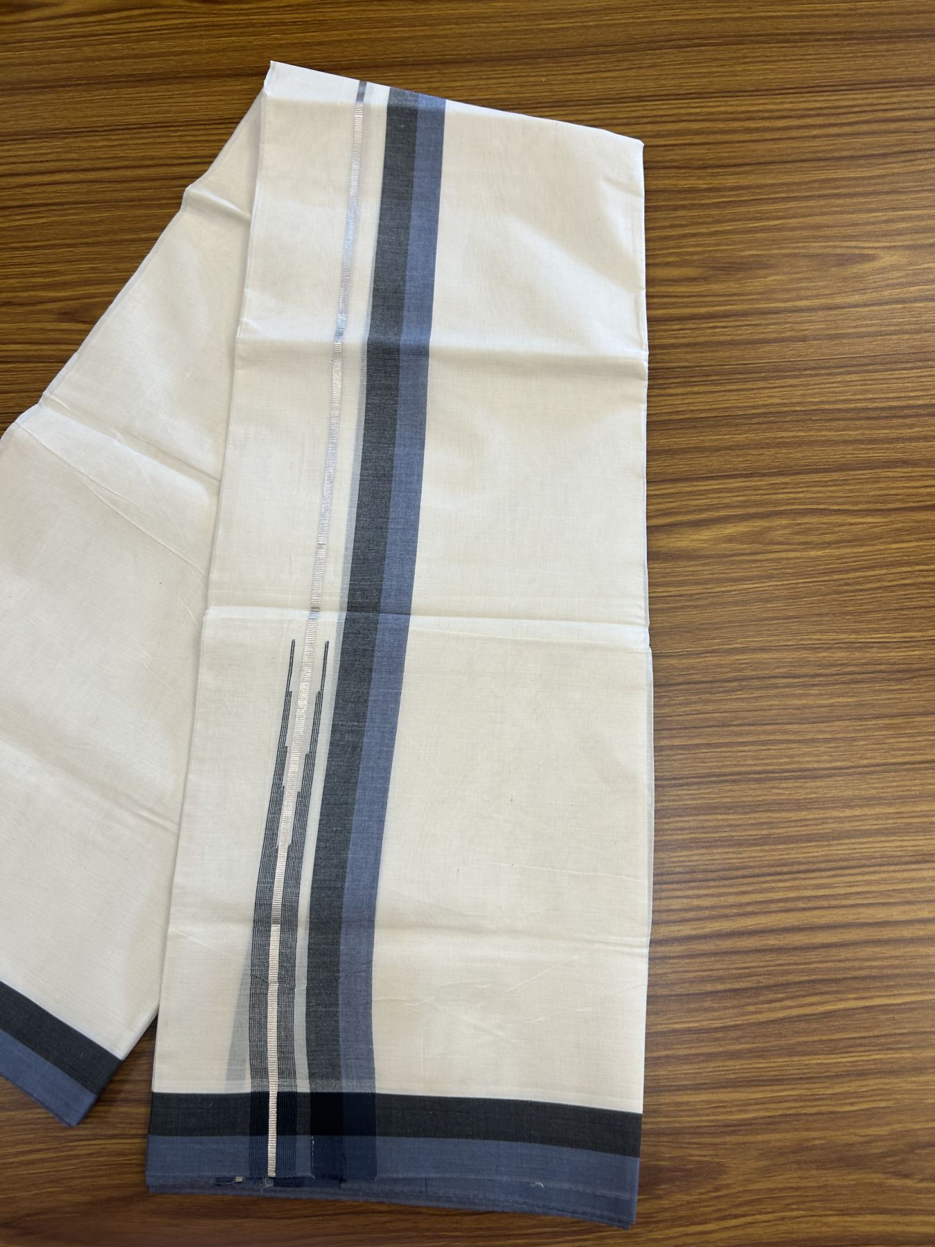 20% Discount ! Kaitharikada Balaramapuram 100% Pure Cotton Double Off white (Unbleached) Mundu/Dhoti - 100x80 - 1.5 inch Silver Kasav Black & Ash Blue Shaded Stripes Chutty Kara 3.90 mtr (8 muzham) - 44 KK5313 PMC