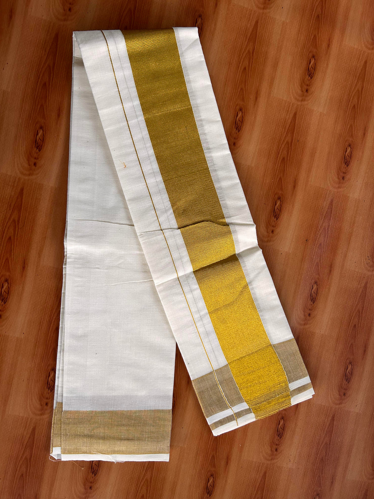 Neriyath Off White  (Unbleached) - KaithariKada -  60s Mixed Cotton - 2.25 Inch Gold Kasavu Kara - 1.70 mtr (3.64 muzham)- 7 KK5536 PMC