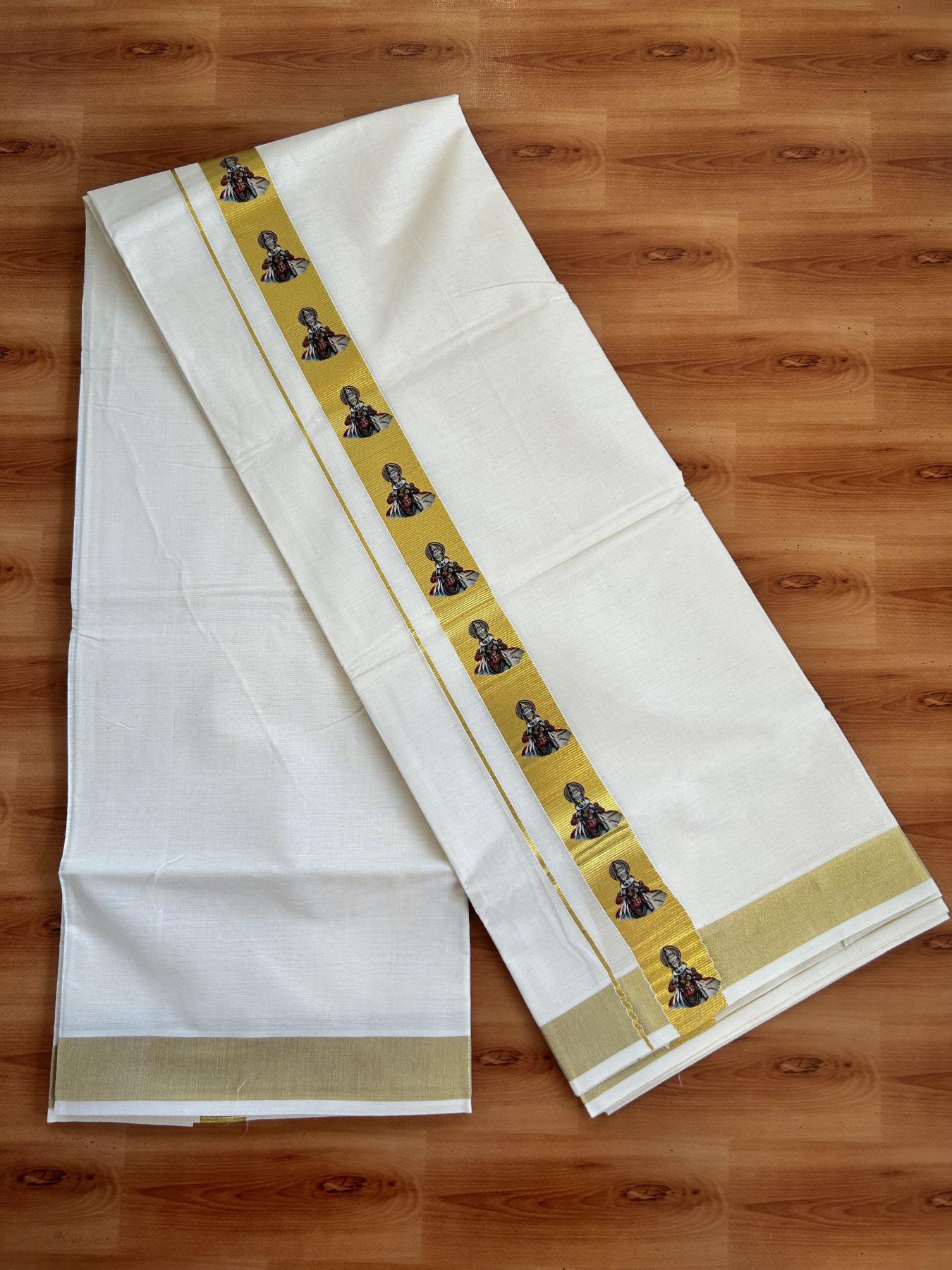 Double Off White - (Unbleached) Mundu/Dhoti- 20% Discount!! KaithariKada Balaramapuram 100% Cotton (60s) - 1.25 inch Gold Kasav Kathakali Printed Kara - 6 KK5415 GAN