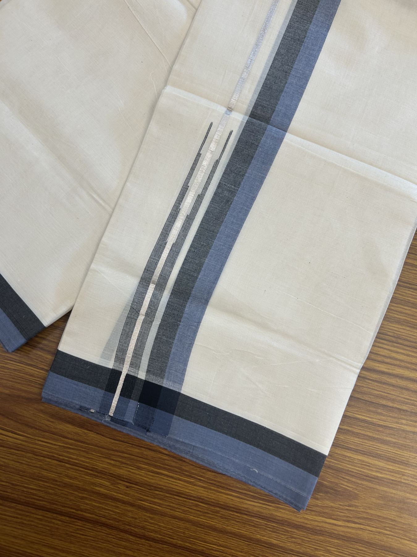 20% Discount ! Kaitharikada Balaramapuram 100% Pure Cotton Double Off white (Unbleached) Mundu/Dhoti - 100x80 - 1.5 inch Silver Kasav Black & Ash Blue Shaded Stripes Chutty Kara 3.90 mtr (8 muzham) - 44 KK5313 PMC