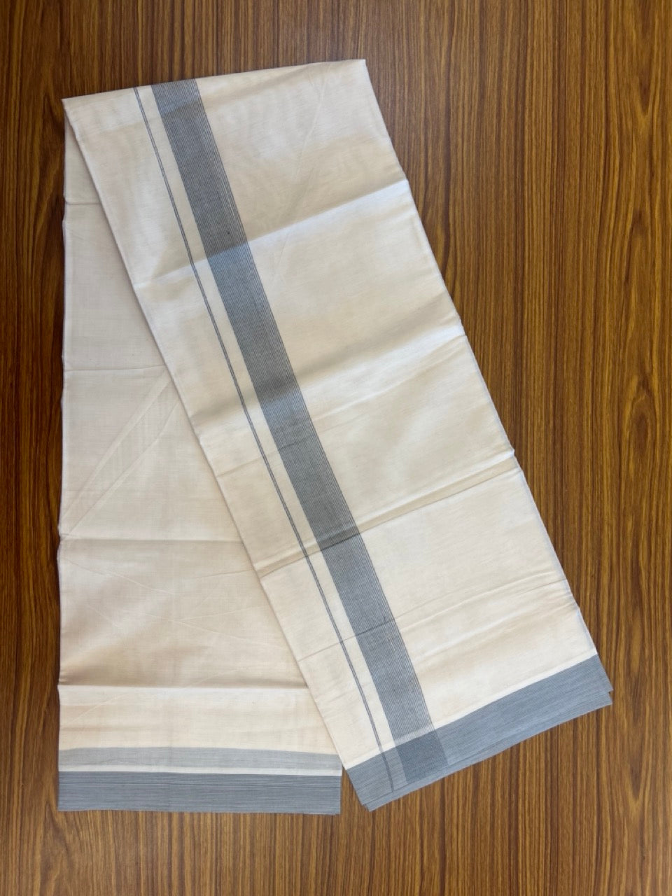 20% Discount ! KaithariKada Balaramapuram 100% Cotton Double OFF WHITE - (Unbleached) - Mundu / Dhoti- 100x80 -  1.5 inch Ash blue shaded striped kara - 7 KK5280 VIN