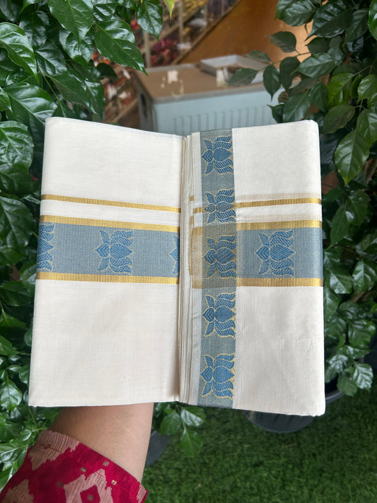 25% Discount ! KaithariKada Handloom Unakkupaav Kerala Handloom - 100% Pure Cotton Off White (Unbleached) Double Mundu/Dhoti - 100x80 - 2.25 Inch Gold kasav & Blue Lotus Jaquard Design Kara 4 mtr (8.5 muzham) - 5 KK5370 ABH