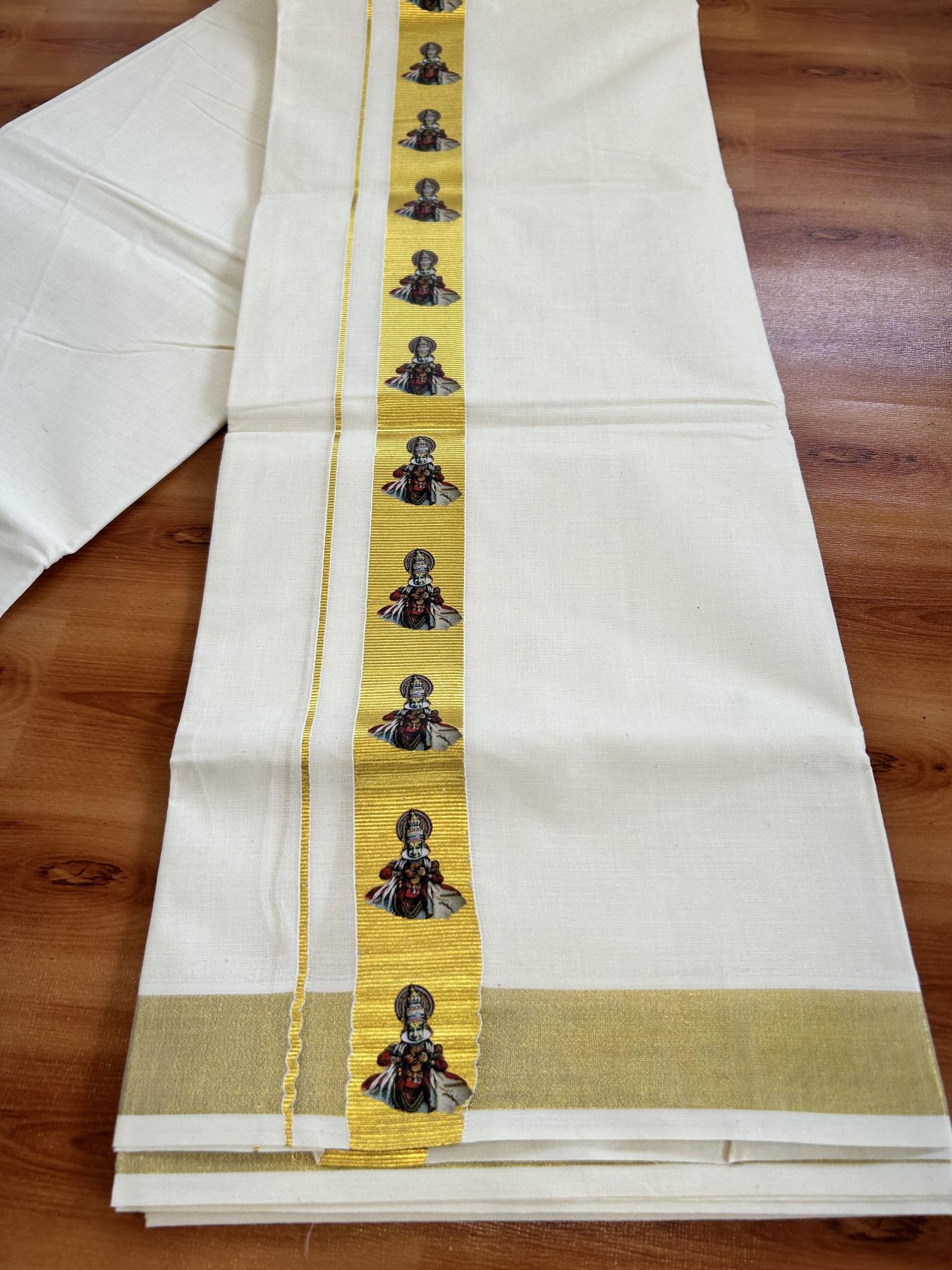 Double Off White - (Unbleached) Mundu/Dhoti- 20% Discount!! KaithariKada Balaramapuram 100% Cotton (60s) - 1.25 inch Gold Kasav Kathakali Printed Kara - 6 KK5415 GAN