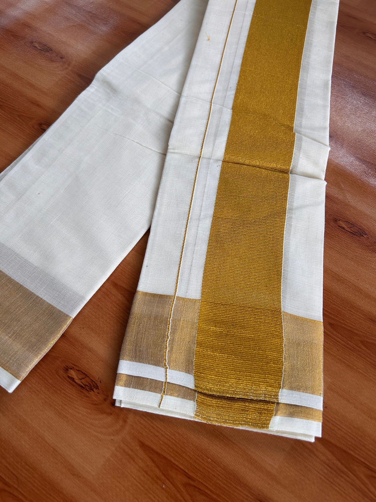 Neriyath Off White  (Unbleached) - KaithariKada -  60s Mixed Cotton - 2.25 Inch Gold Kasavu Kara - 1.70 mtr (3.64 muzham)- 7 KK5536 PMC