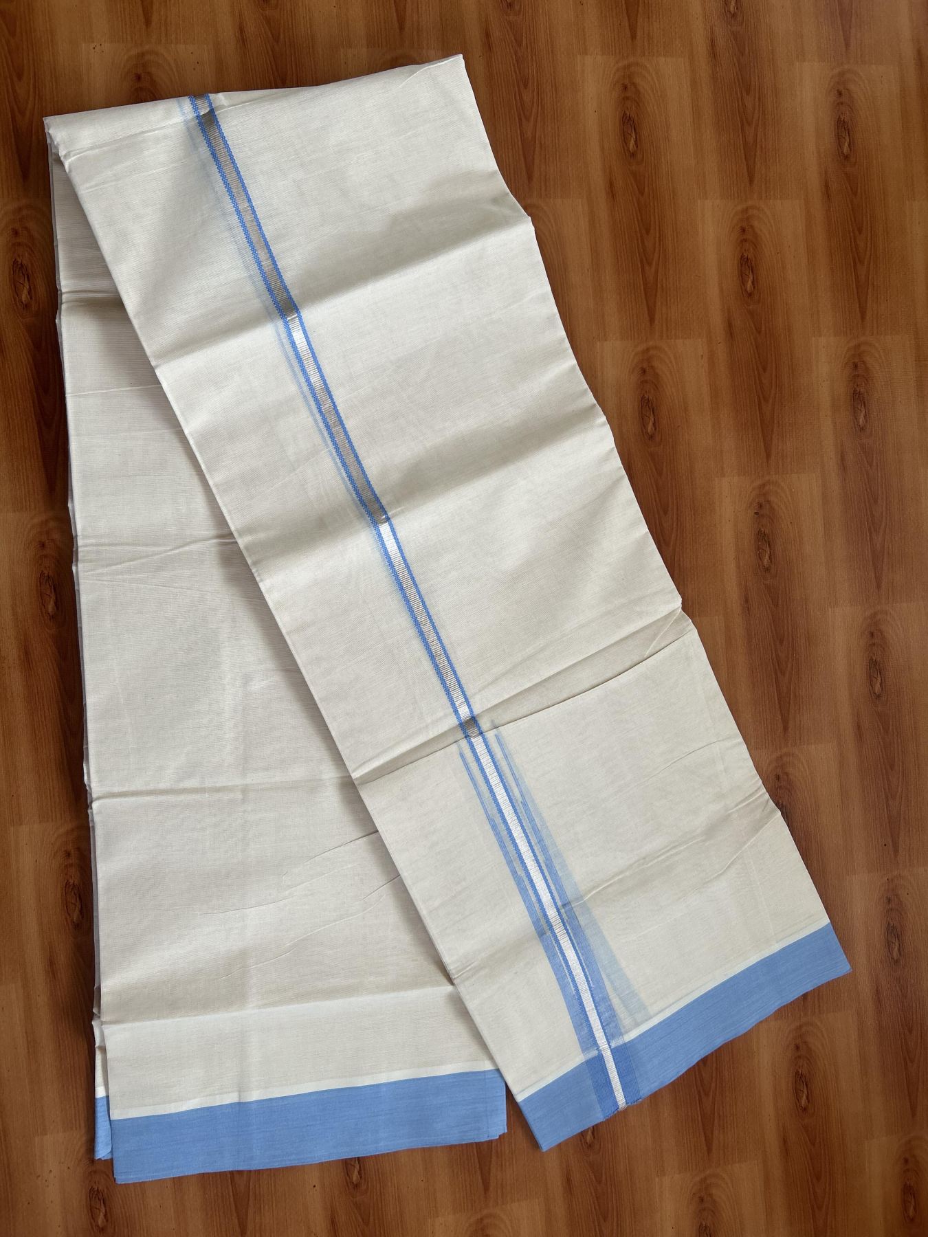 20% Discount ! KaithariKada Balaramapuram 100% Cotton Double Off White - (Unbleached) - Mundu / Dhoti- 100x80 - 1.25 Inch Silver Kasav & Light Blue Puliyilakkara chutty - 74 KK5382 VIN