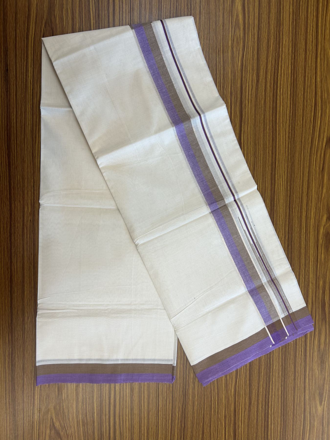 20% Discount ! Kaitharikada Balaramapuram 100% Pure Cotton Double Off white (Unbleached) Mundu/Dhoti - 100x80 - 1.5 inch Silver Kasav Peanut Brown & Violet Shaded Stripes Chutty Kara 3.90 mtr (8 muzham) - 45 KK5313 PMC