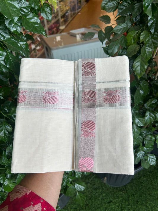25% Discount ! KaithariKada Handloom Unakkupaav Kerala Handloom - 100% Pure Cotton Off White (Unbleached) Double Mundu/Dhoti - 100x80 - 1.75 Inch Silver kasav & Rose Gold Peacock Jaquard Design Kara 4 mtr (8.5 muzham) - 4 KK5370 ABH